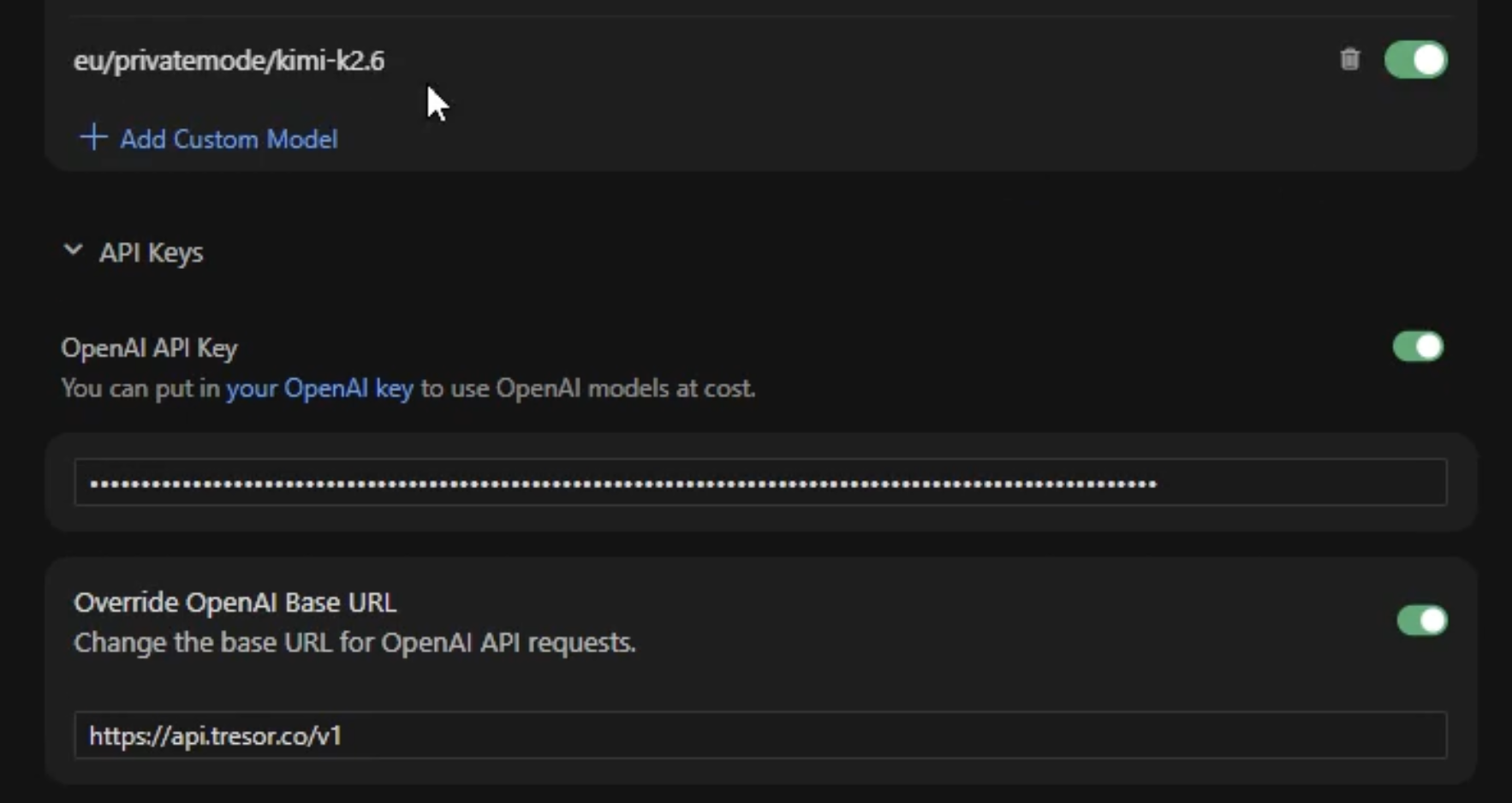 Cursor settings with a custom Tresor model, OpenAI API key, and Override OpenAI Base URL enabled