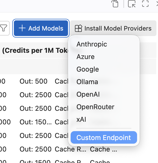 VS Code Language Models editor with the Custom Endpoint option under Add Models
